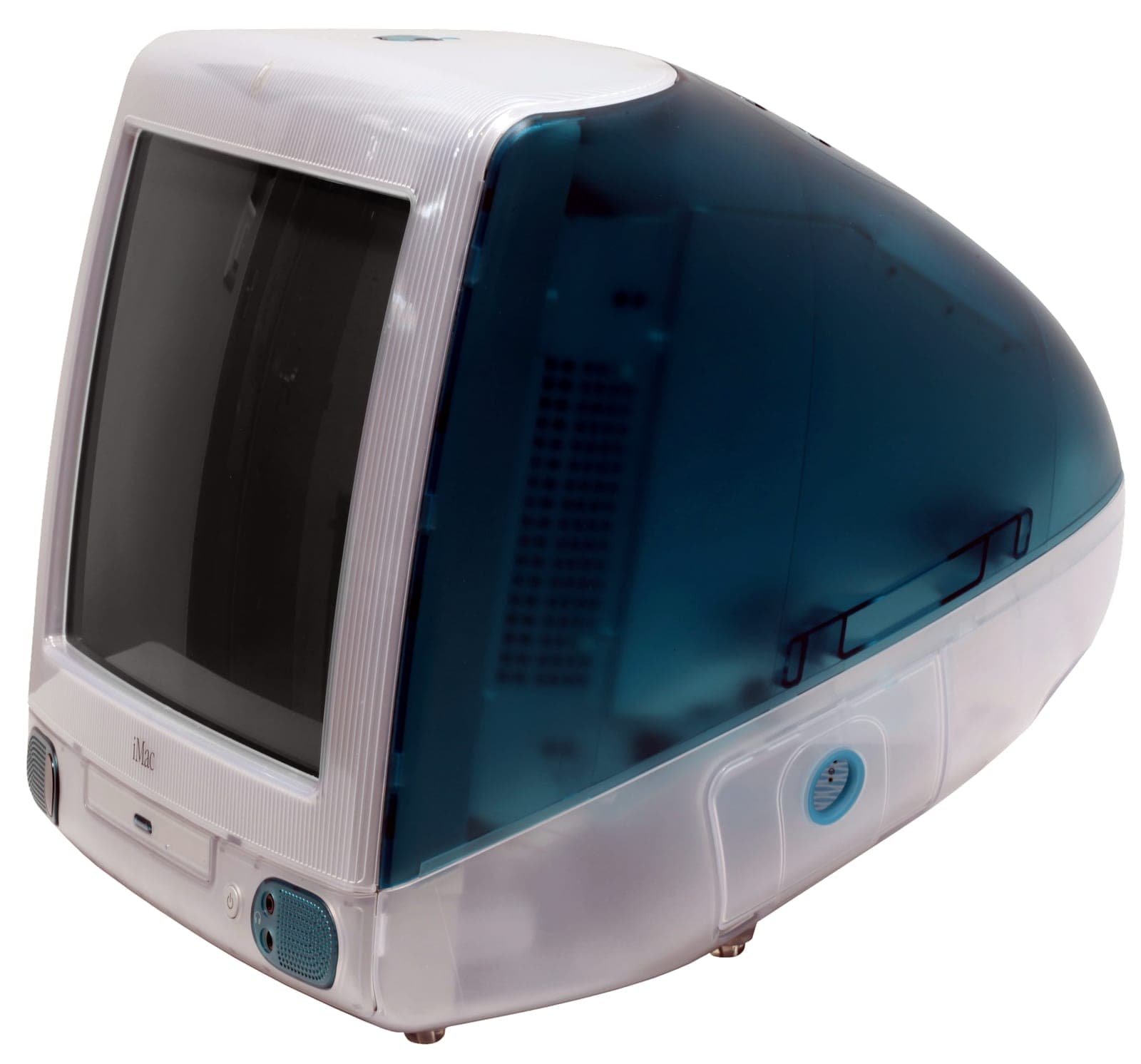 Bondi Blue iMac G3 in three-quarter view