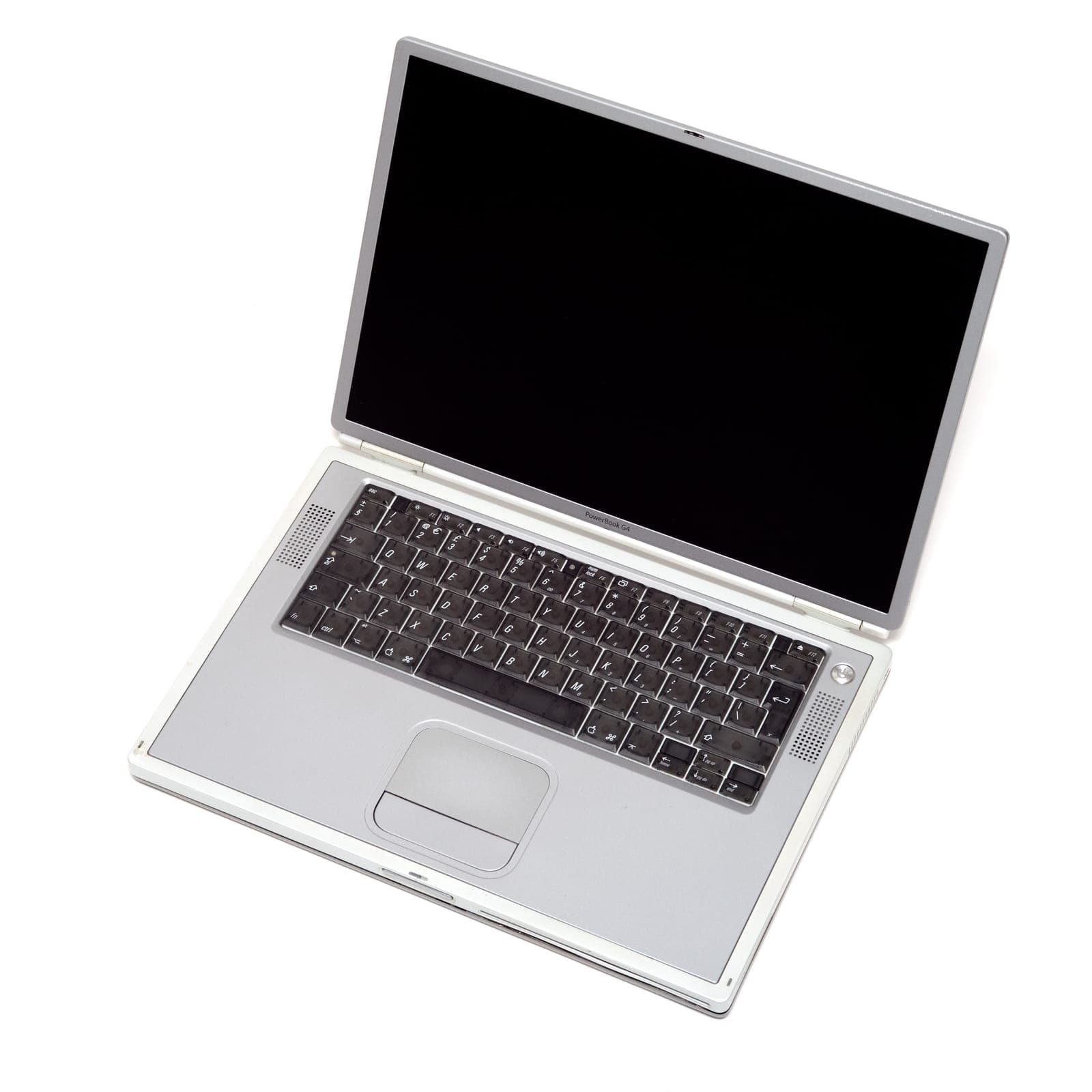 Titanium PowerBook G4 open on a neutral background
